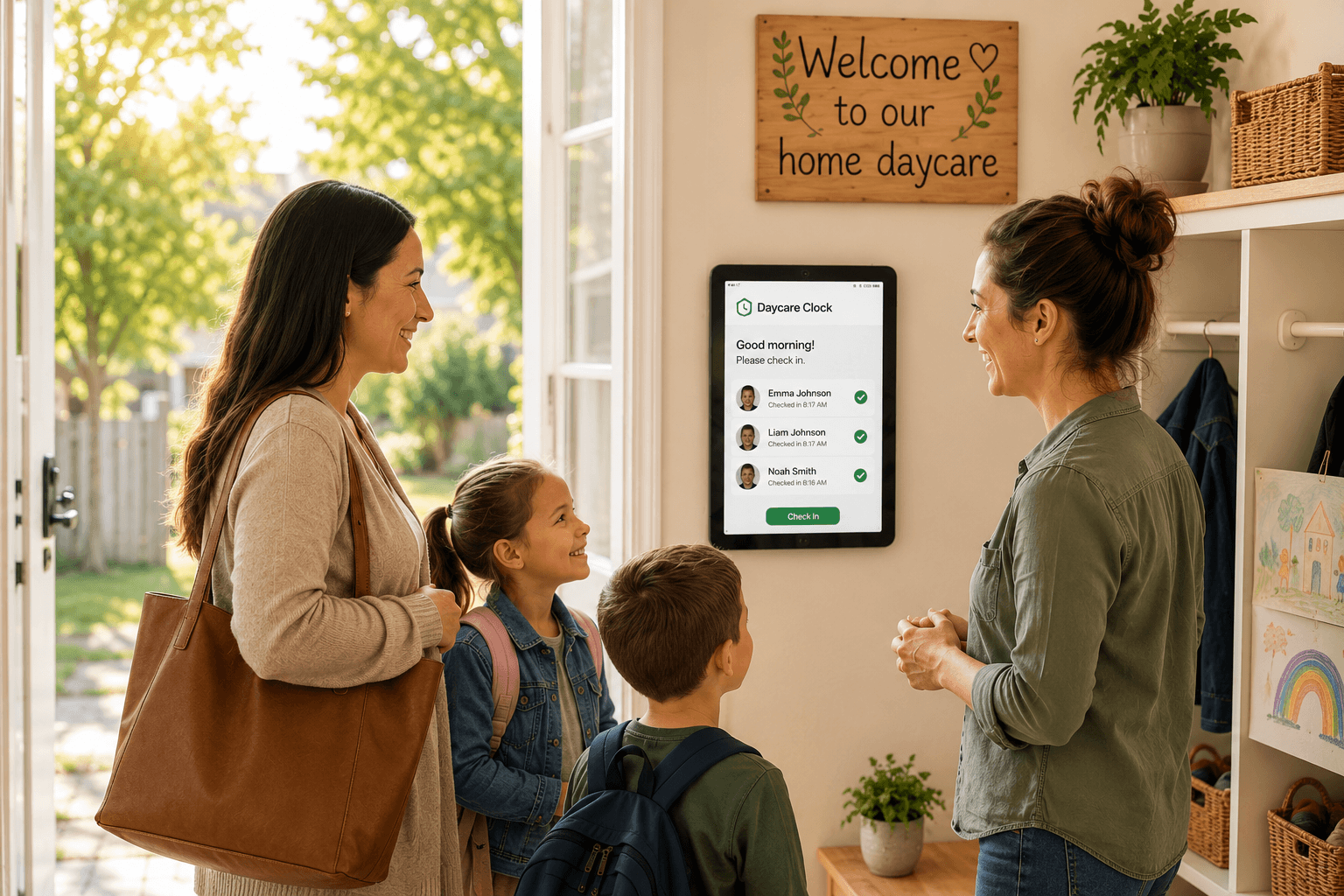 Parent arriving at a home daycare while checking children in.